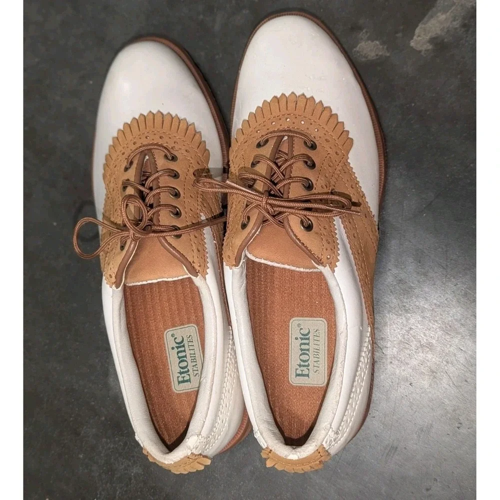 Vintage 90s Golf Shoes White Tan Leather Fringe Kiltie Etonic 7N 1997